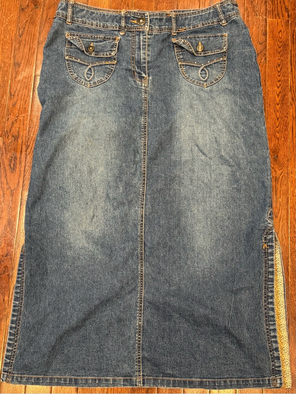 Vintage Vezucci Denim Distressed Maxi Skirt Y2K Leopard Side Panel Dual Slit 14